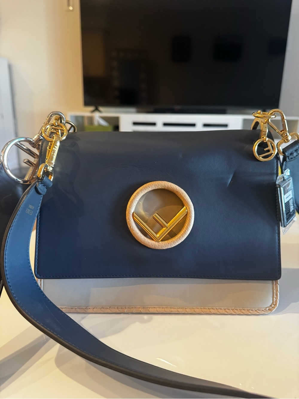 Fendi Navy and Beige Leather Crossbody with Gold-Tone Logo